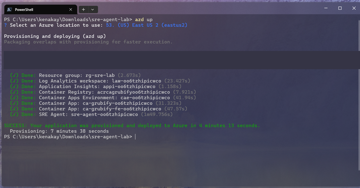 azd up が正常に完了し、Azure リソースが作成された PowerShell の画面