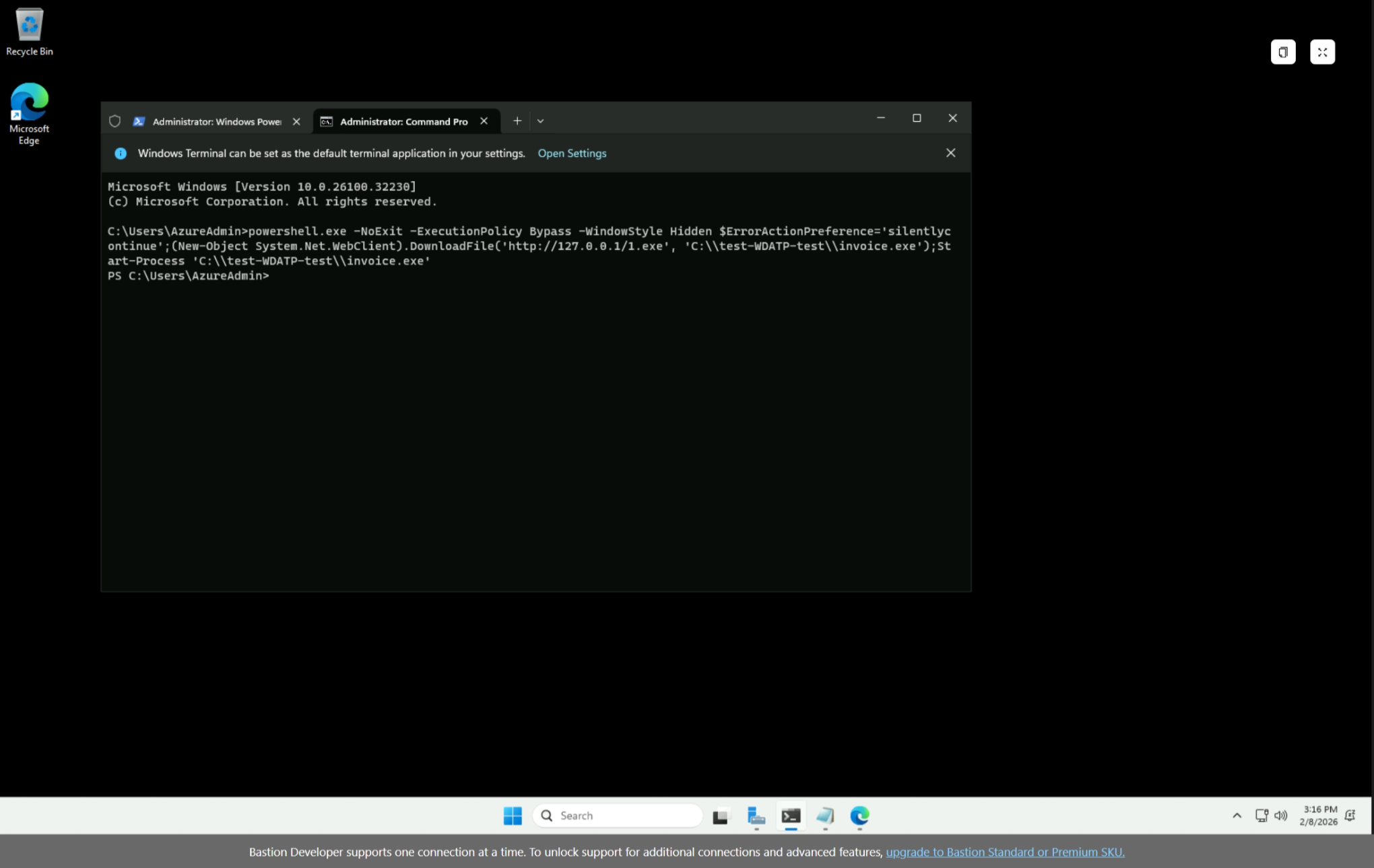 コマンドプロンプトで MDE 検出テストコマンドを実行している画面