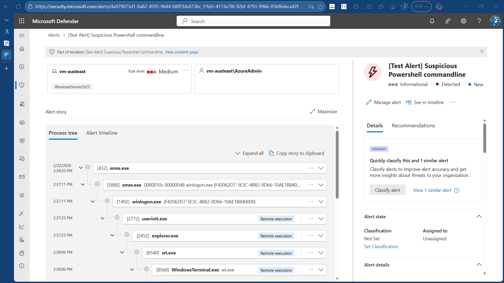 アラートの詳細画面。アラートの説明、影響を受けるリソース、検出されたマルウェアの情報、推奨されるアクションが表示されている