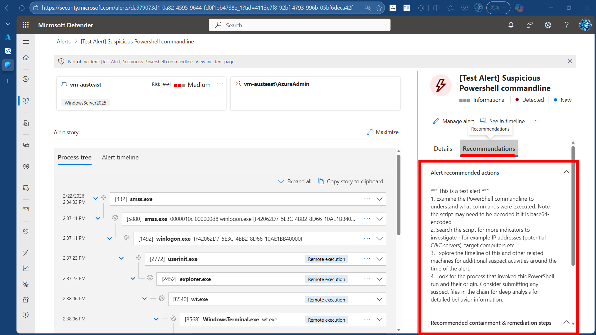 アラートの推奨される対応アクションの例。VM にサインインしてマルウェアスキャンを実行することが推奨されている