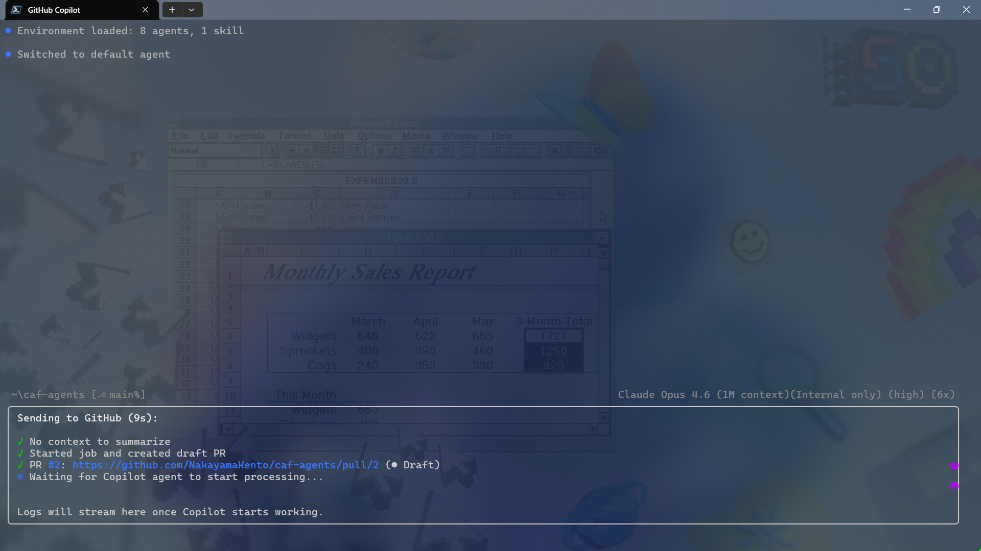 Copilot CLI の /delegate コマンドで評価・改善・PR 作成を自動実行している画面